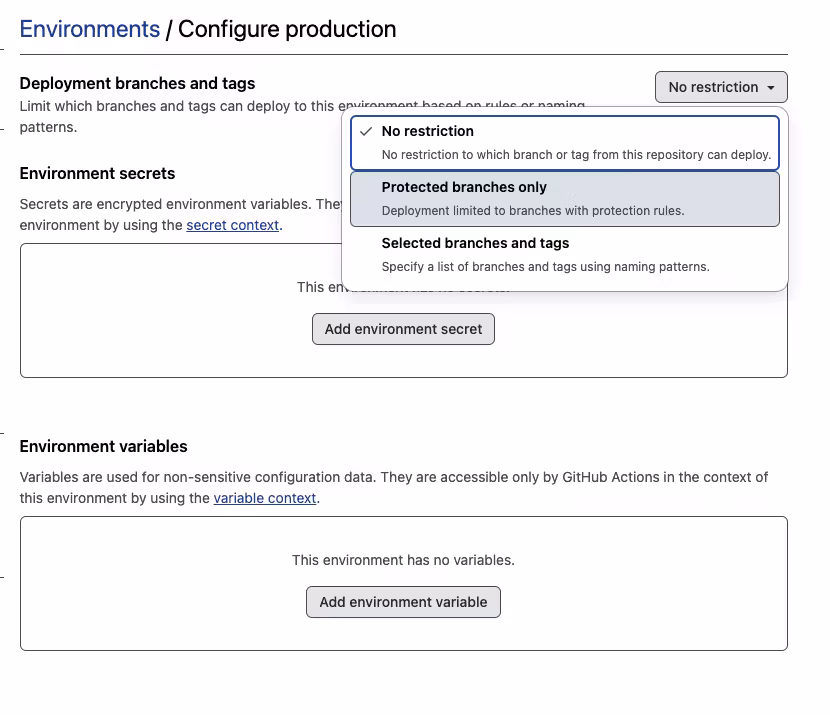 Select protected branches for the environment restriction configuration
